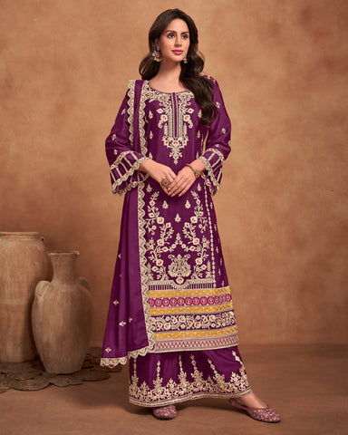 Purple Zari Work Chinnon Wedding Palazzo Suit With Embroidered Purple Dupatta