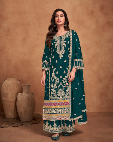 Teal Zari Work Chinnon Wedding Palazzo Suit With Embroidered Teal Dupatta