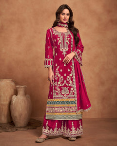 Red Zari Work Chinnon Wedding Palazzo Suit With Embroidered Red Dupatta