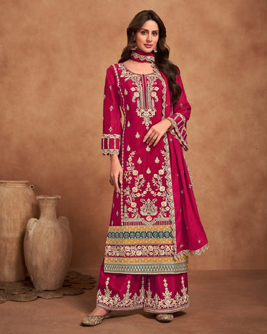 Red Zari Work Chinnon Wedding Palazzo Suit With Embroidered Red Dupatta