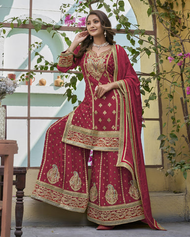 Red Zari Work Chinnon Bridal Palazzo Suit With Embroidered Palazzo 